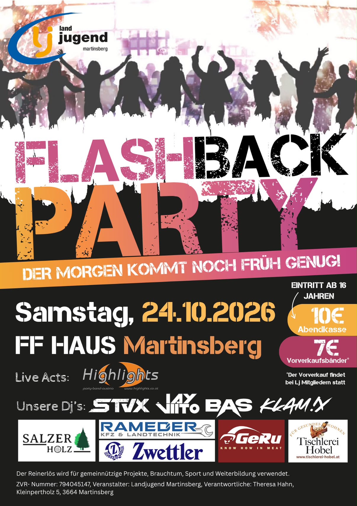 Offizieller Flyer für Flashbackparty🪩💫💜 in FF-Haus Martinsberg