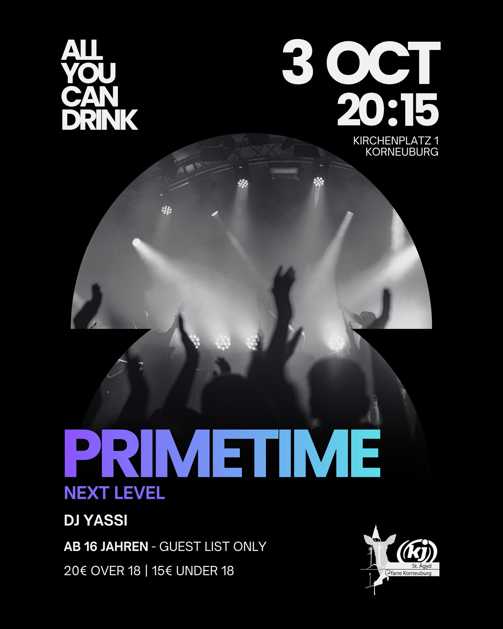 Offizieller Flyer für PRIMETIME. next level. in Jugendraum Pfarre Korneuburg