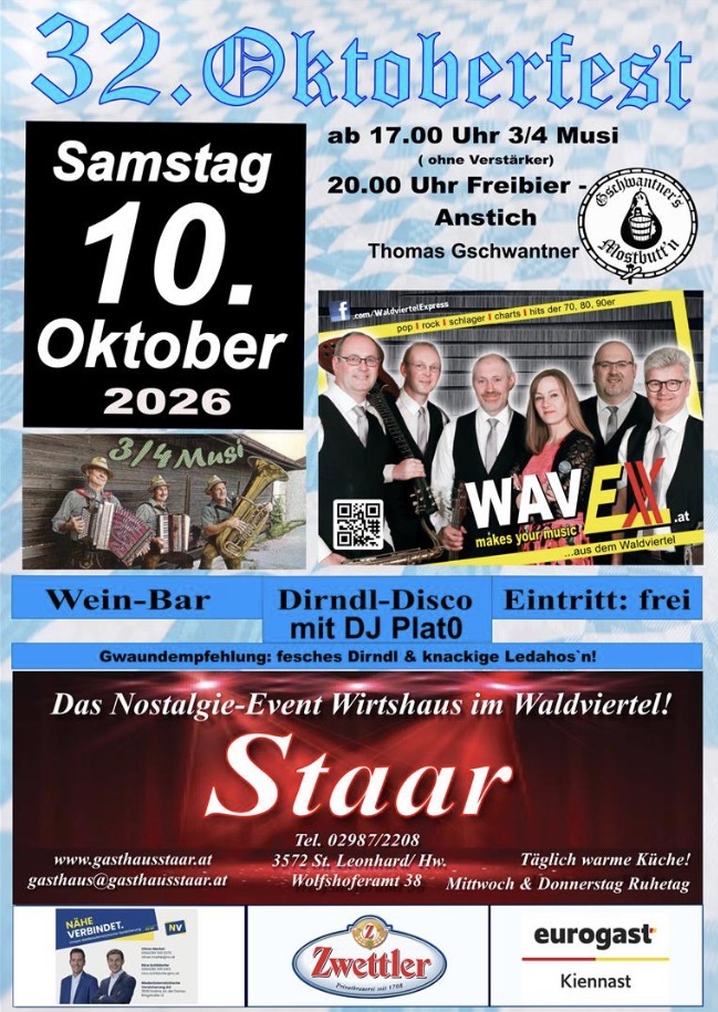 Offizieller Flyer für Oktoberfest in Gasthaus Staar