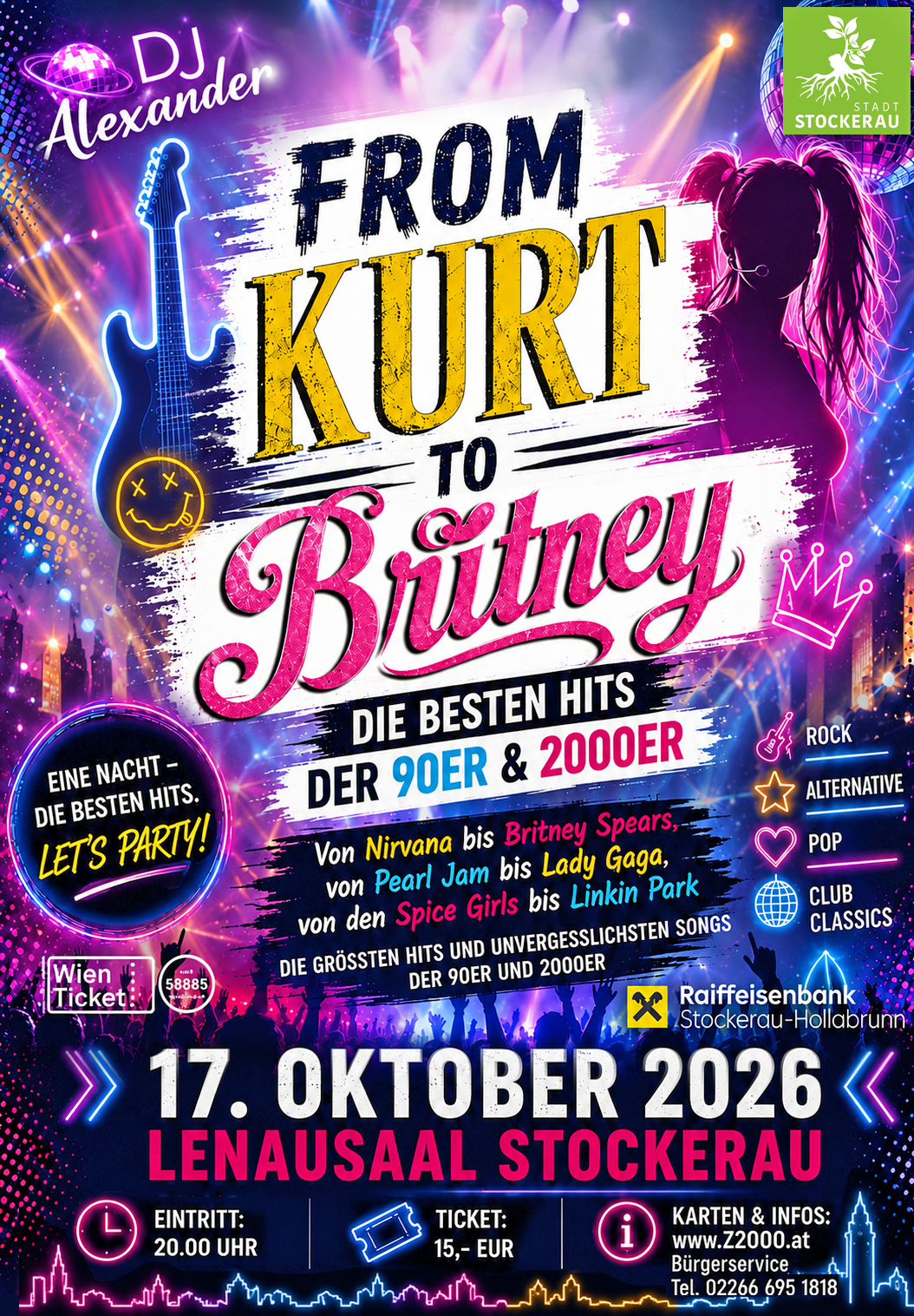 Offizieller Flyer für From Kurt to Britney - Die besten Hits der 90er & 2000er in Stockerau